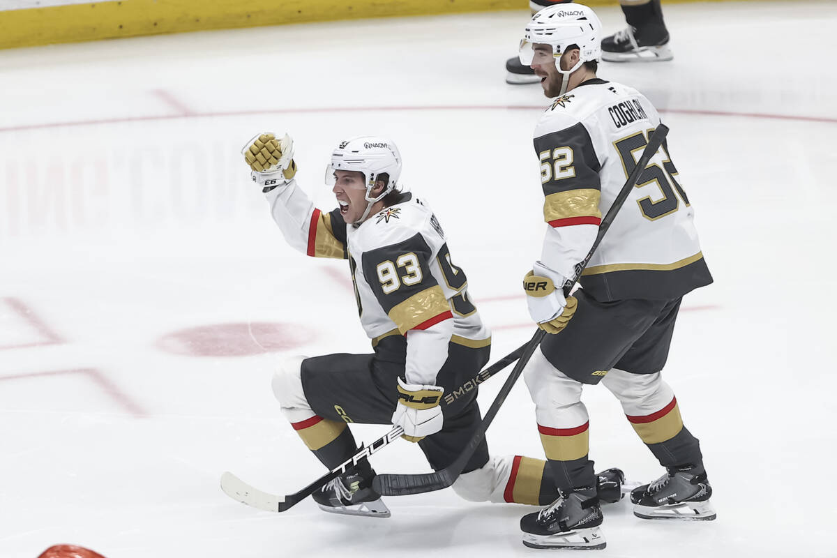 Golden Knights right wing Mitch Marner (93) celebrates his goal against the Anaheim Ducks durin ...