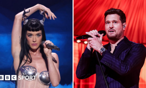 Graphic showing photos of Katy Perry and Michael Buble
