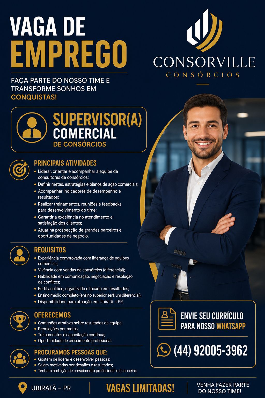 Consorville Consórcios abre vagas de emprego em Ubiratã para Consultor de Vendas e Supervisor Comercial