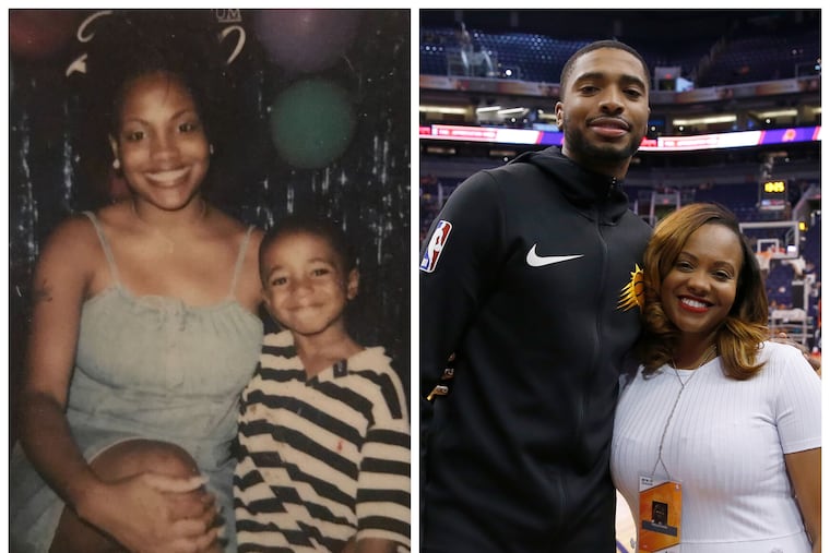 Tyneeha Rivers and a young Mikal Bridges (left) and in 2019 when Bridges was with the Phoenix Suns of the NBA.